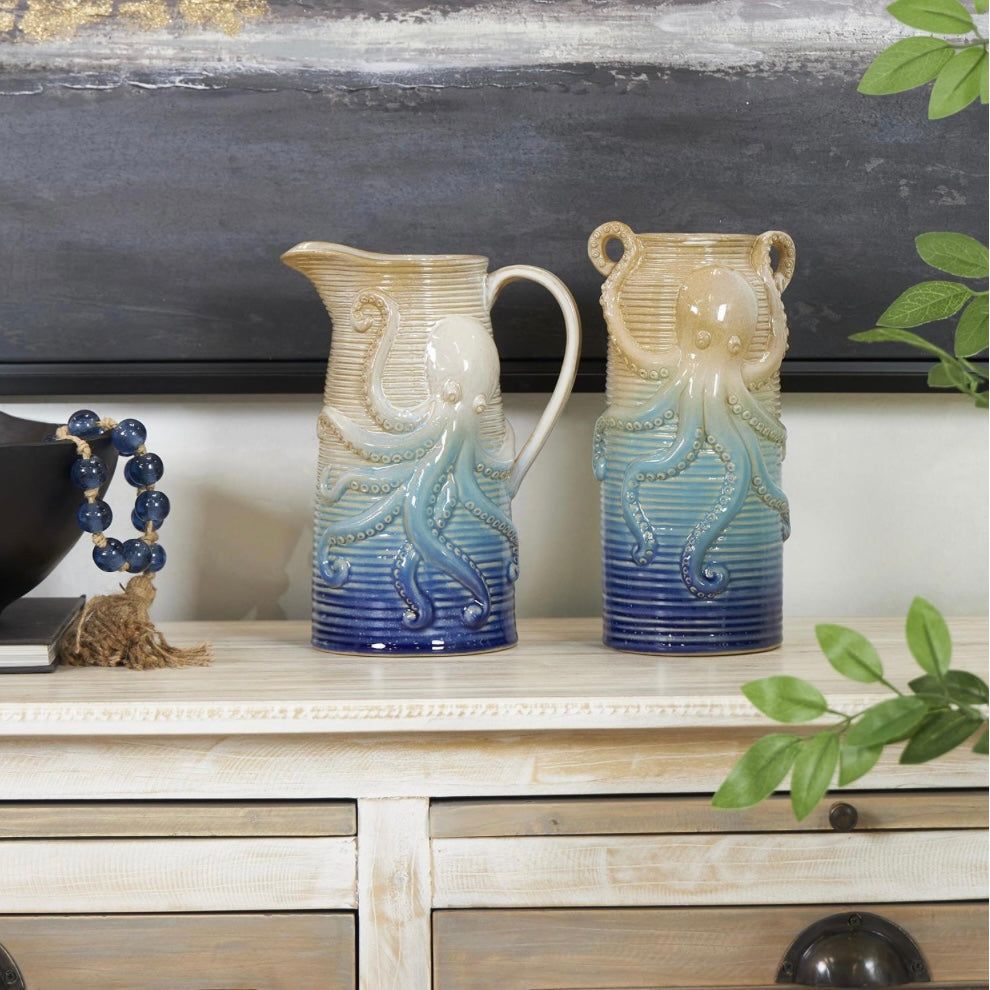 Blue Ceramic Octopus Decorative Vase (Set of 2) The Broward Design Center