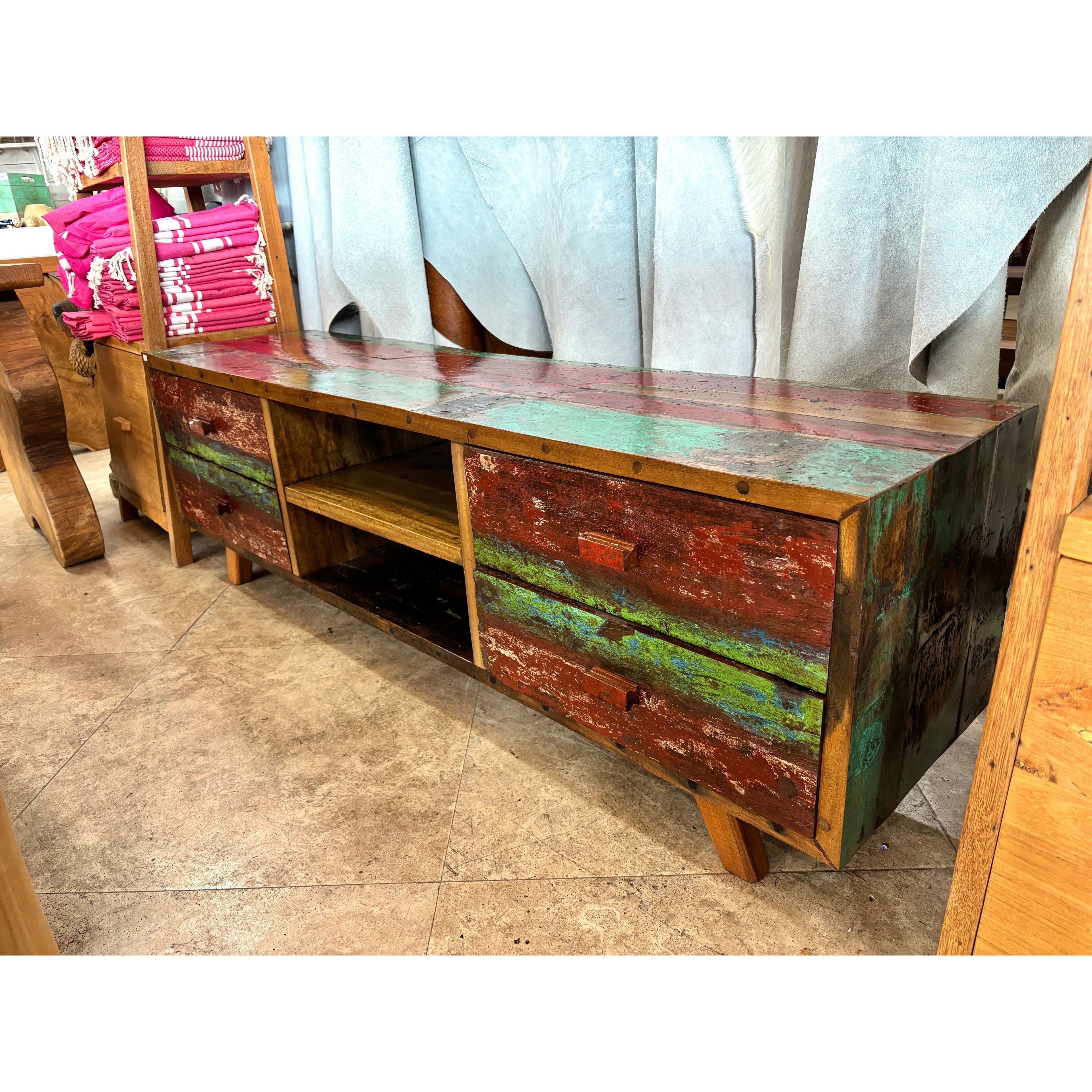 RECYCLED BOAT TV CONSOLE 4 DRAWERS - B Anteak
