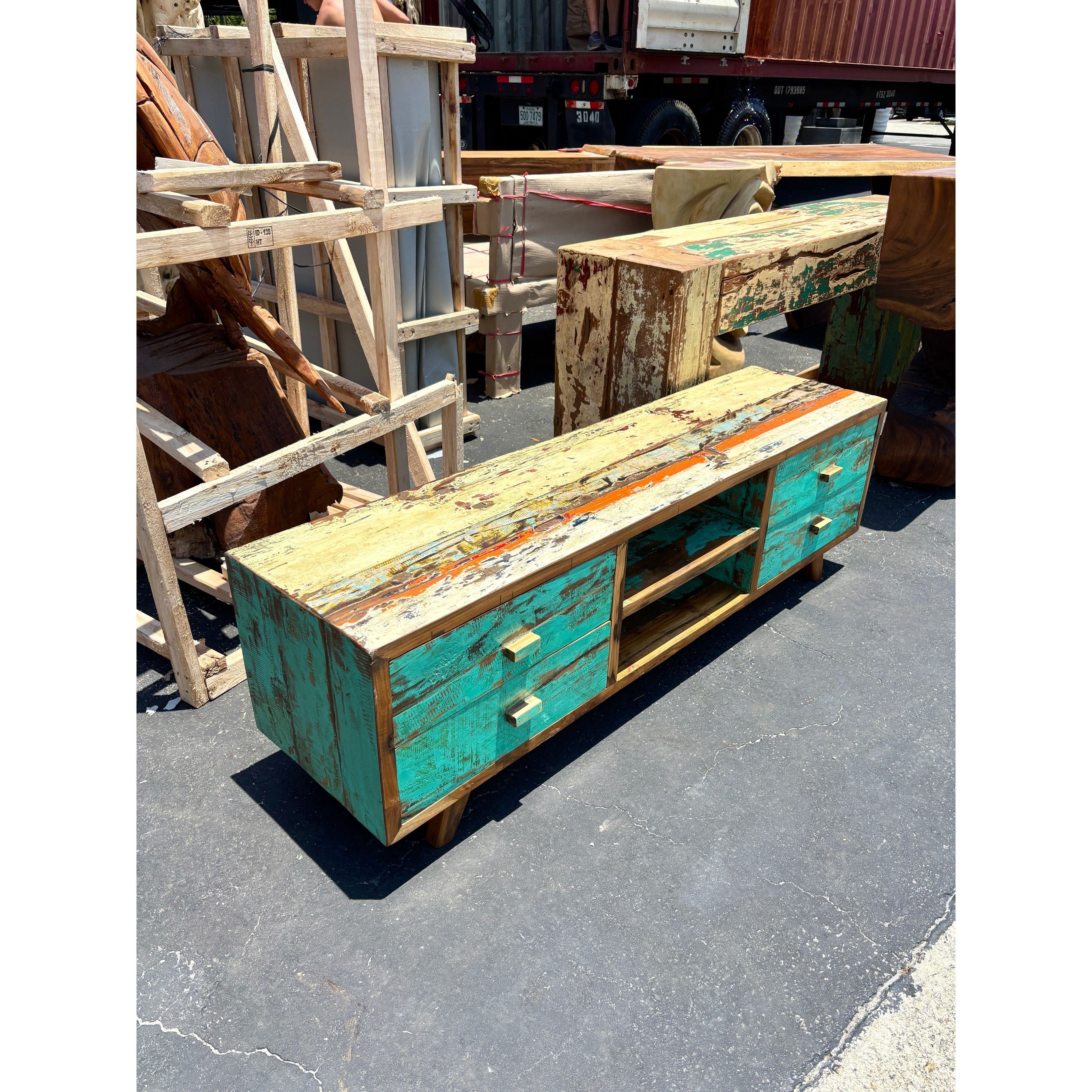 RECYCLED BOAT TV CONSOLE 4 DRAWERS - A Anteak