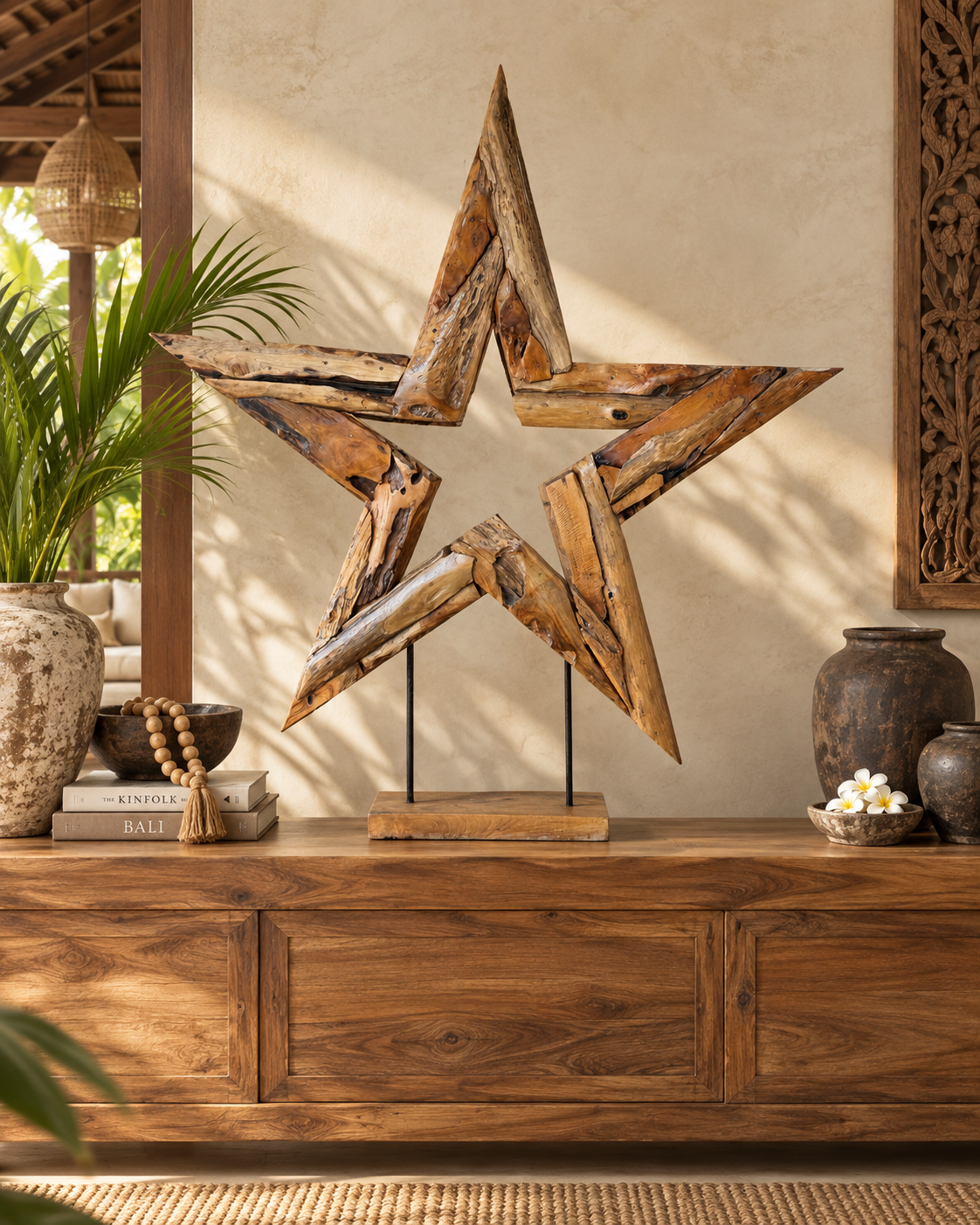 Hand-Carved Bali Teak Star Sculpture on Stand – Large