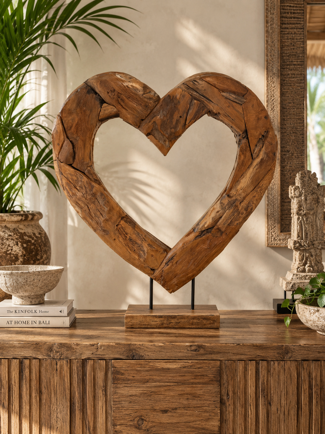 Handmade Bali Teak Heart Sculpture on Stand Large