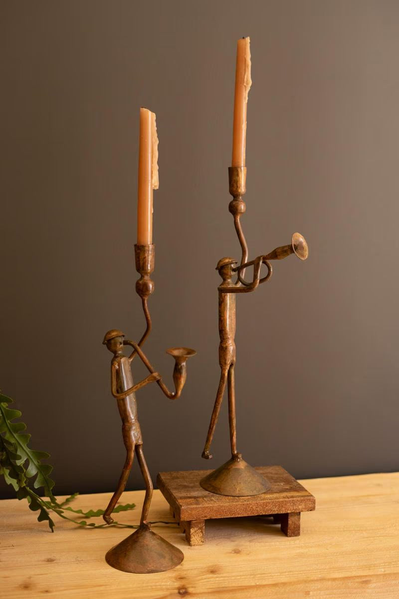 Set of Two Forged Iron Trumpet and Saxaphone Taper Candle Holders