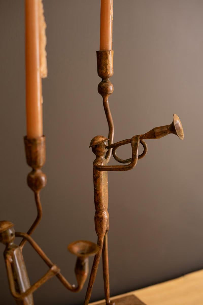 Set of Two Forged Iron Trumpet and Saxaphone Taper Candle Holders