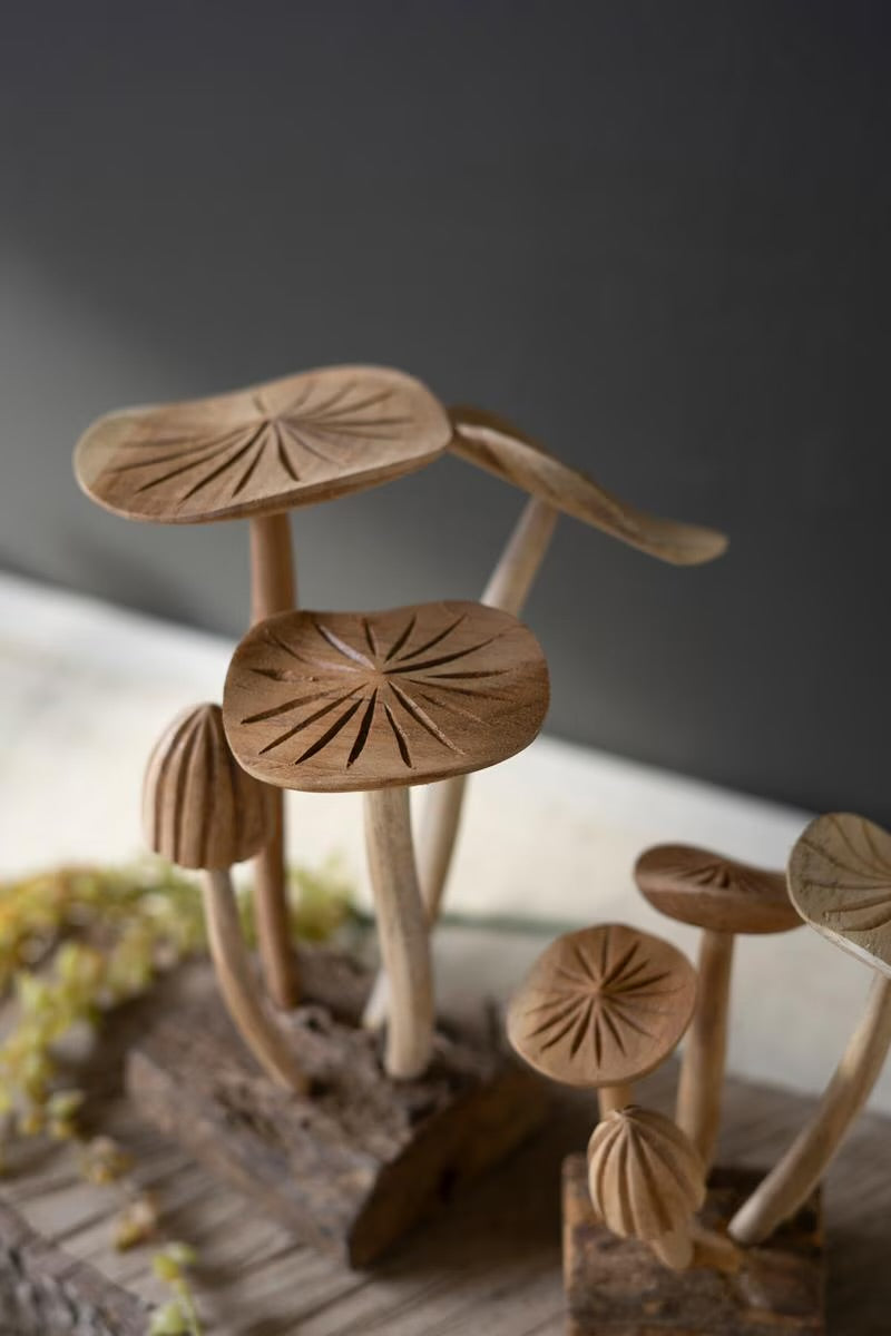 Set of Two Hand-Carved Teak Wood Mushroom Clusters