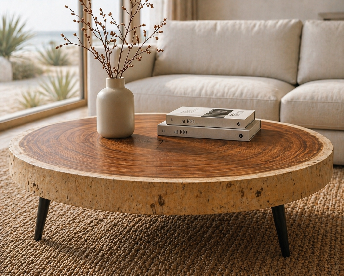 Suar Circle Coffee Table With Black Metal Legs