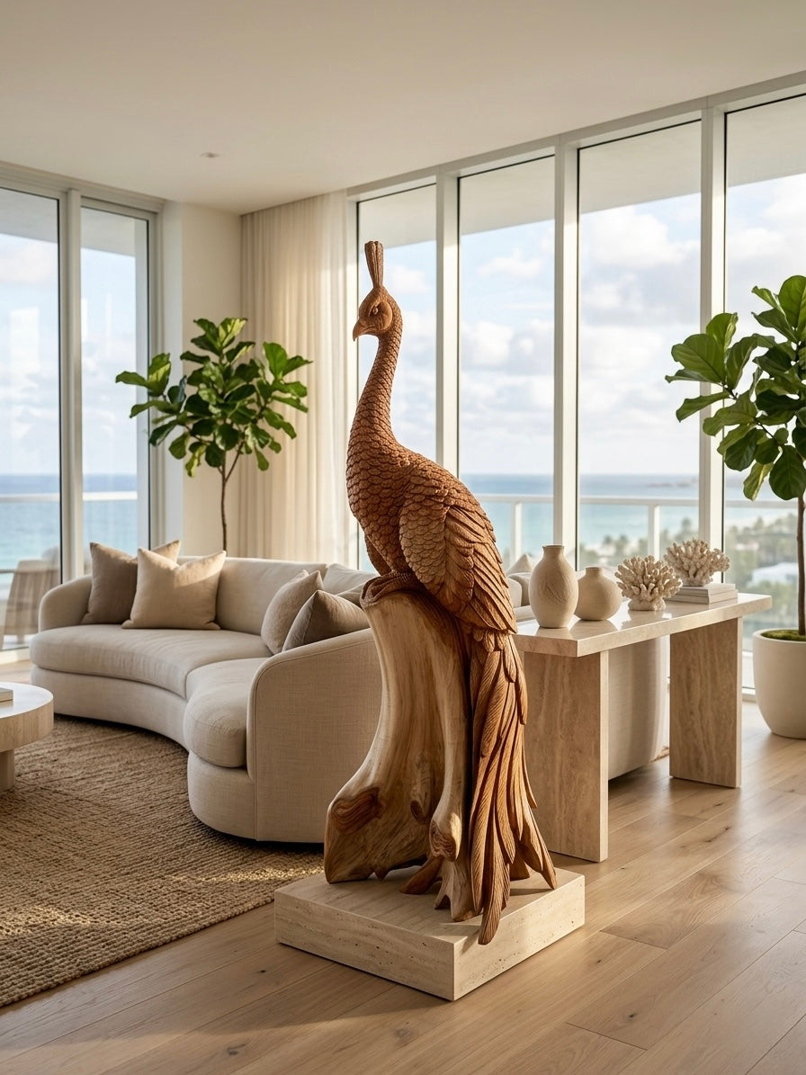 Hand Carved Teak Peacock Sculpture