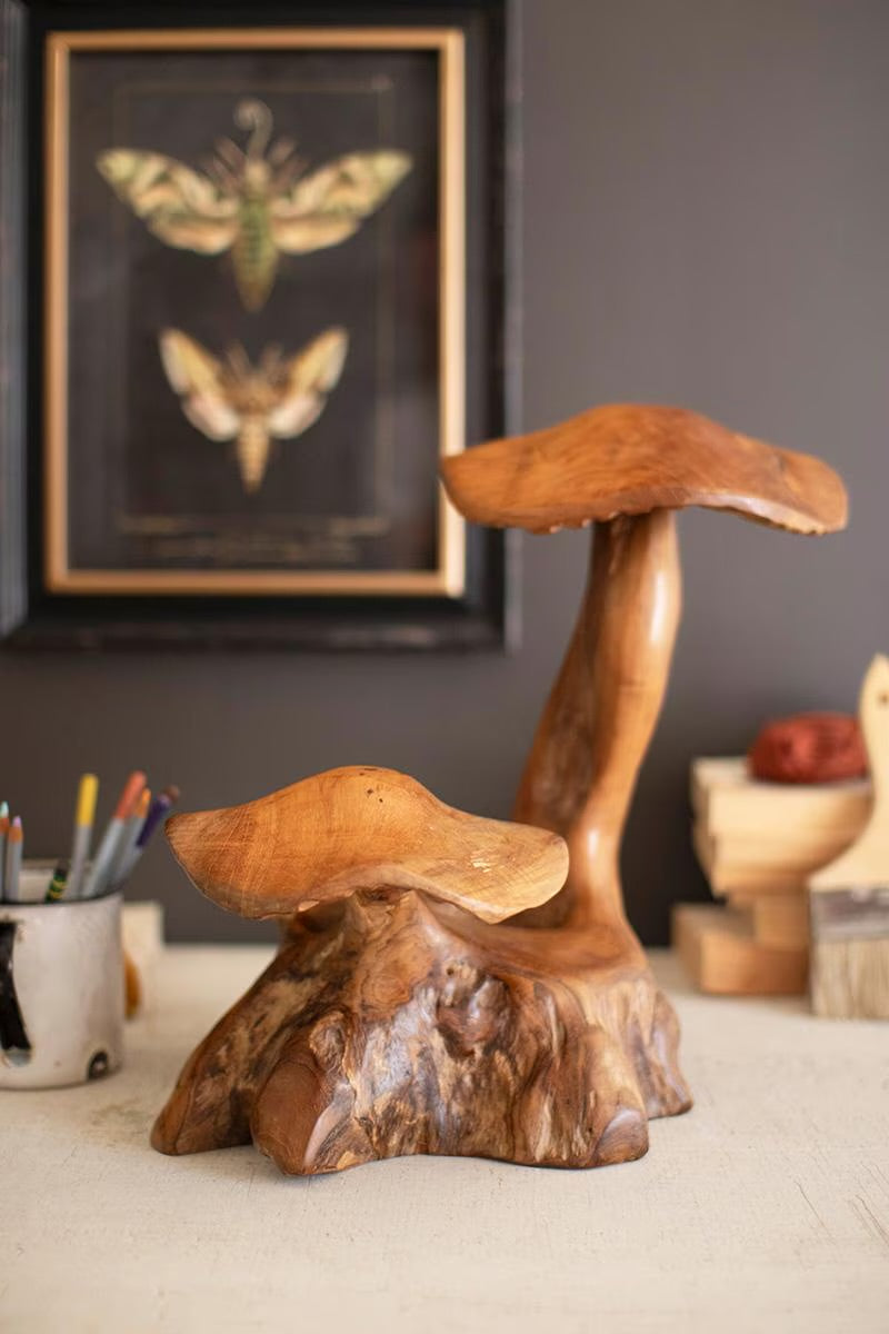 Double Teak Mushroom Sculpture