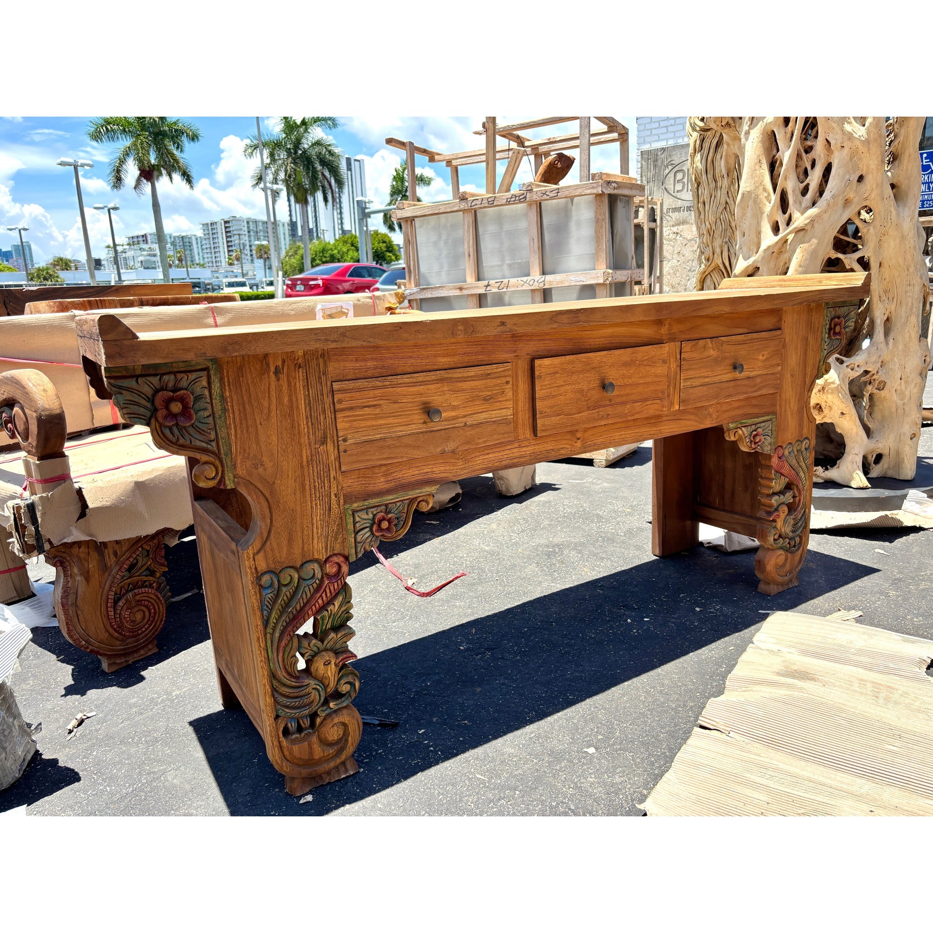 RECYCLED TEAK CONSOLE W/CARVING XL - A Anteak