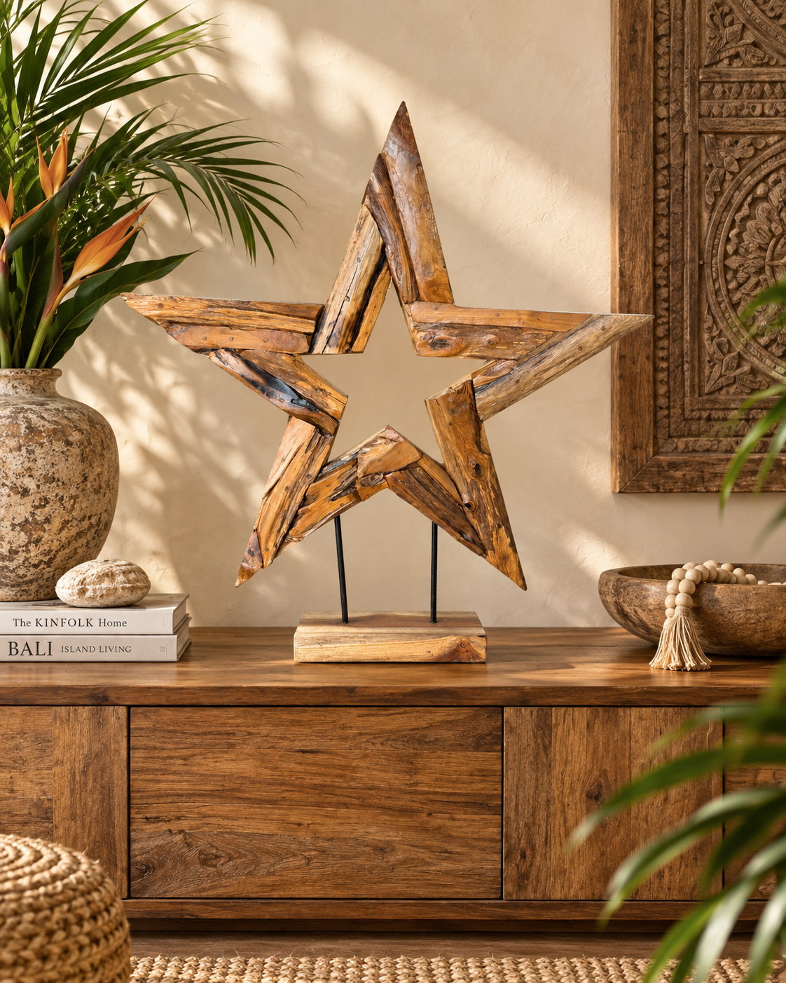 Hand-Carved Bali Teak Star Sculpture on Stand – Medium