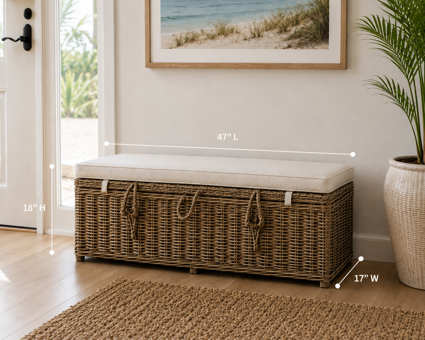 フローティングラウンドラタンシェルフ Bikini & Co. 2024年 Key Largo Rattan Storage Bench With Cushion - Broward Design Center