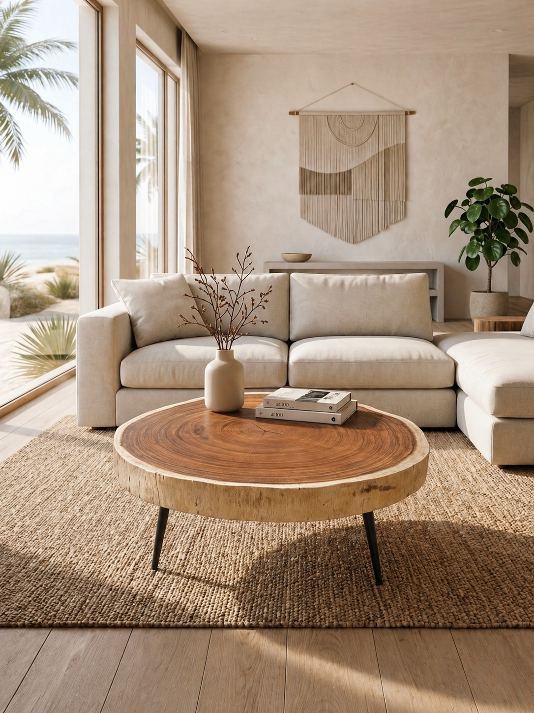Suar Circle Coffee Table With Black Metal Legs