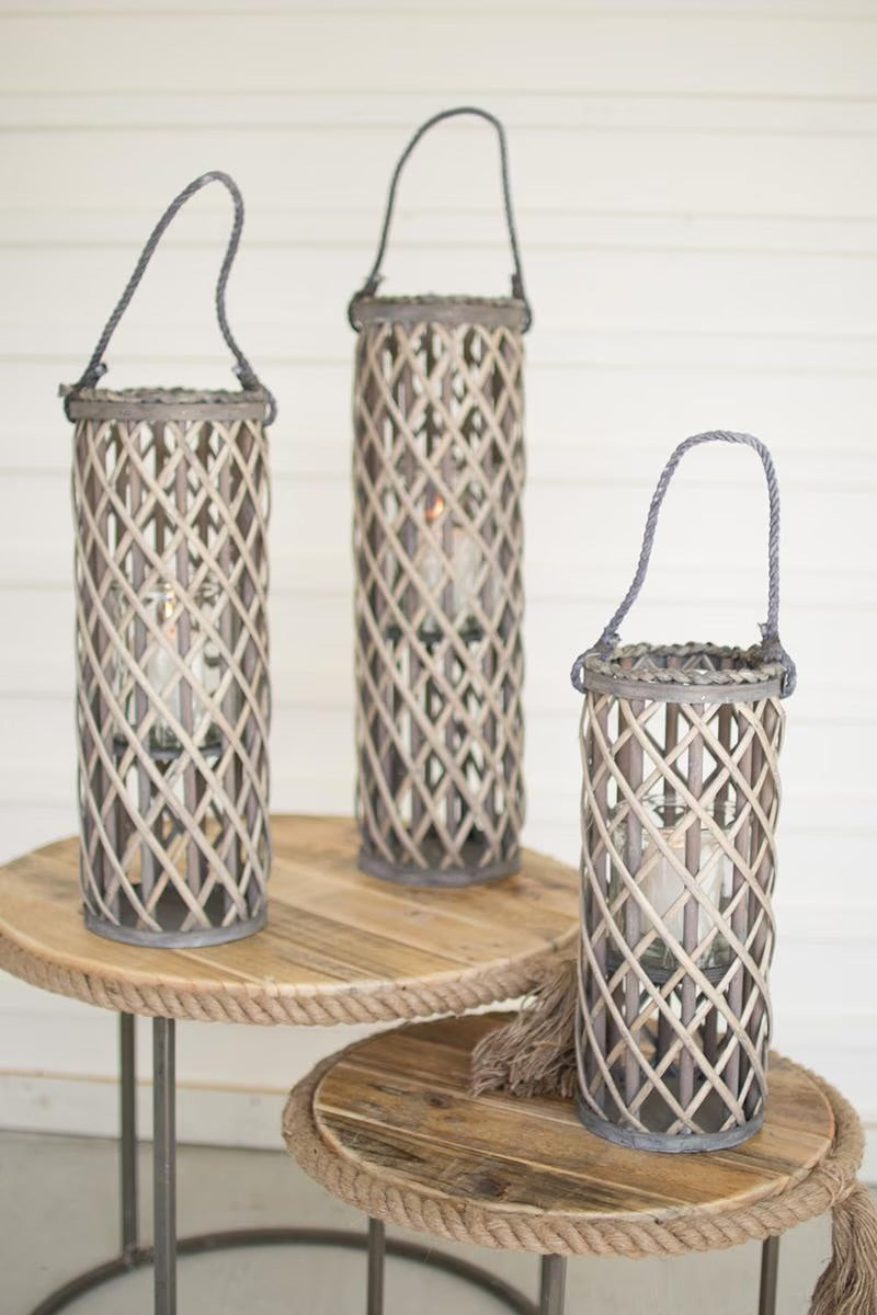 Set of Three Willow Lanterns with Glass - Grey