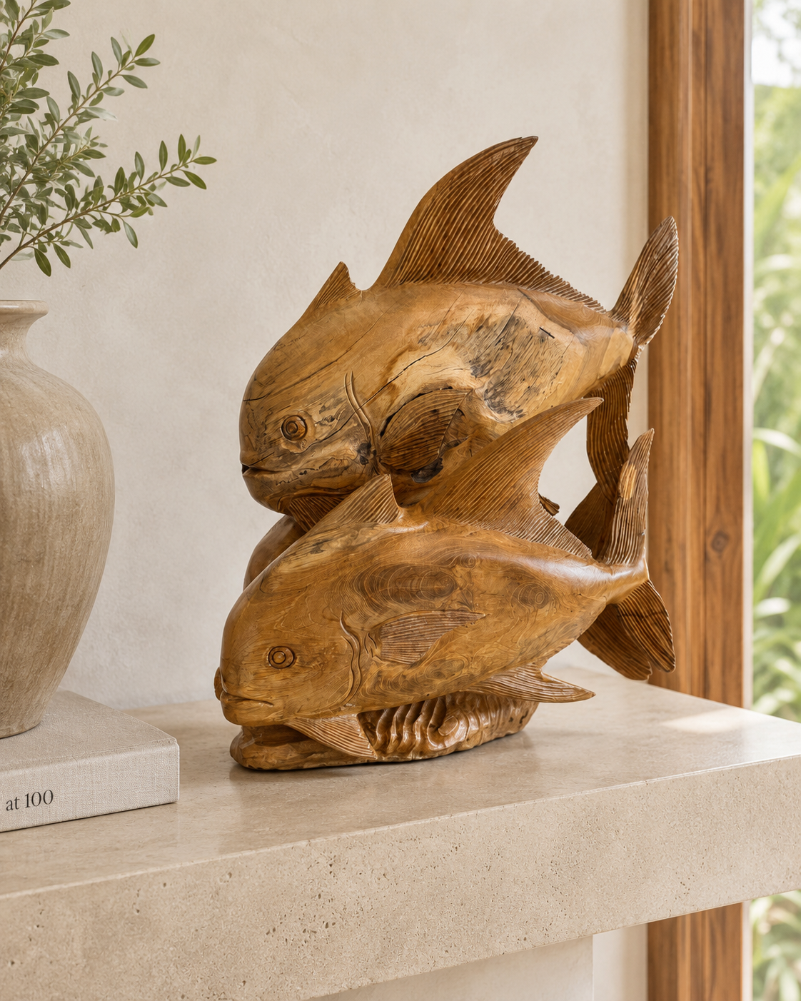 Twin Current Hand-Carved Teak Permit Sculpture