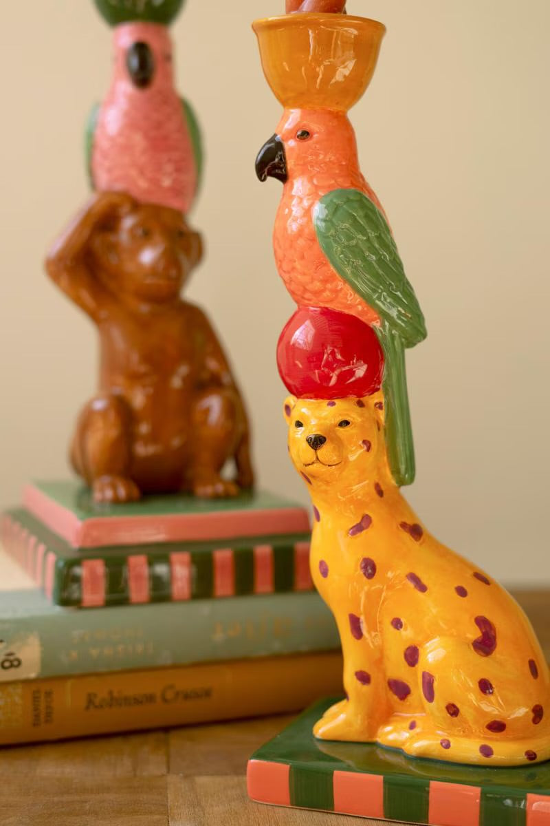 Set of Two Ceramic Cheetah and Monkey Taper Candle Holders
