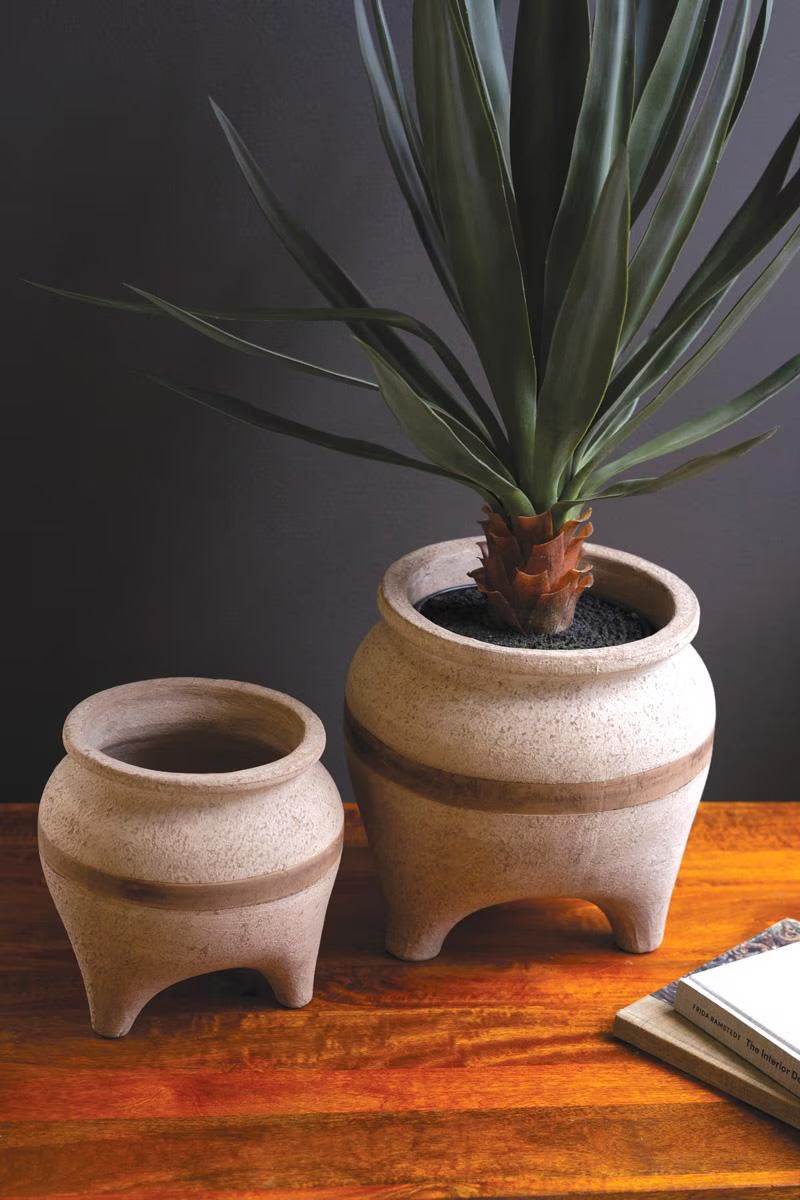 Set of Two Terracotta Planters with Horizontal Brown Stripe