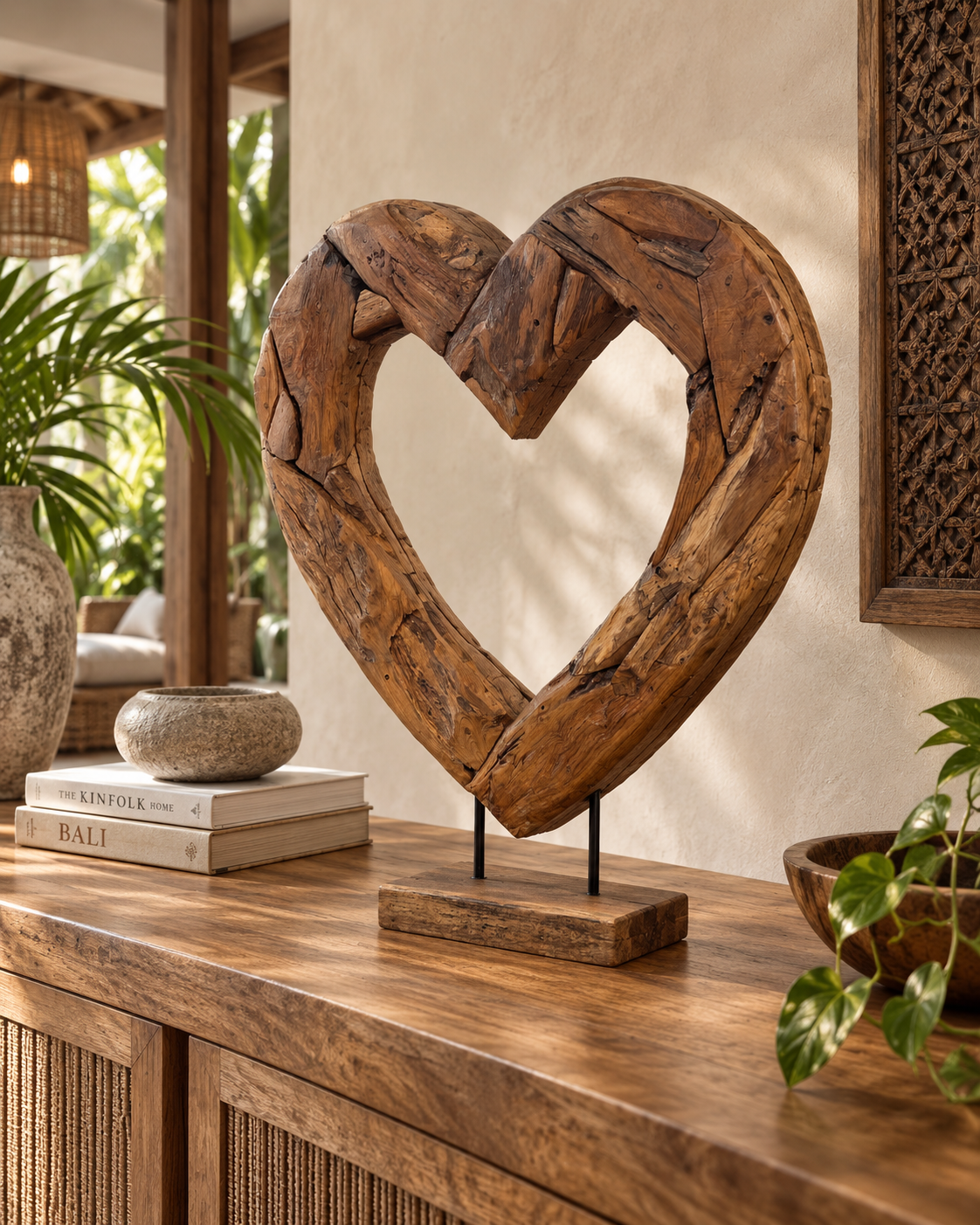 Handmade Bali Teak Heart Sculpture on Stand Large