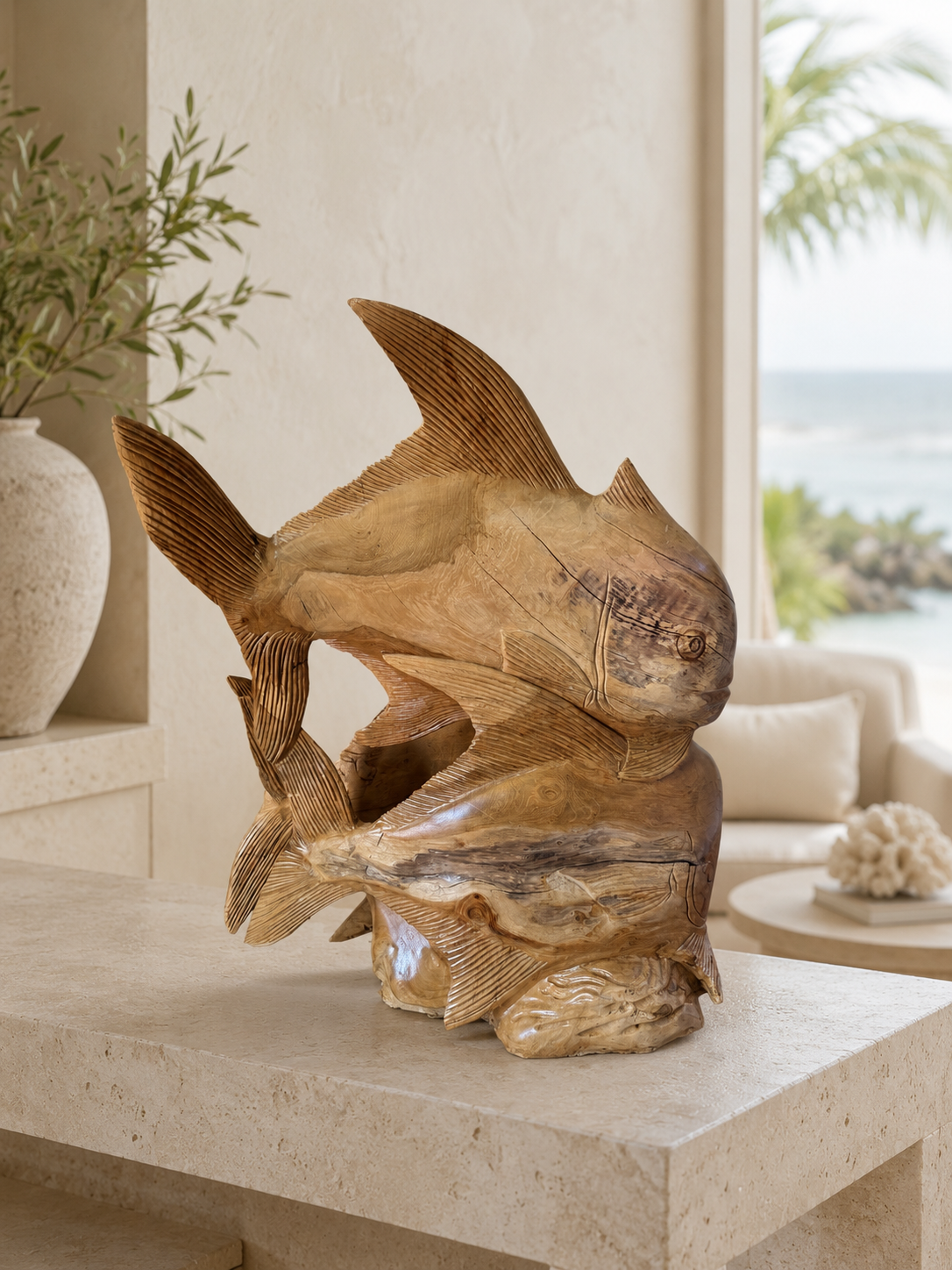 Twin Current Hand-Carved Teak Permit Sculpture