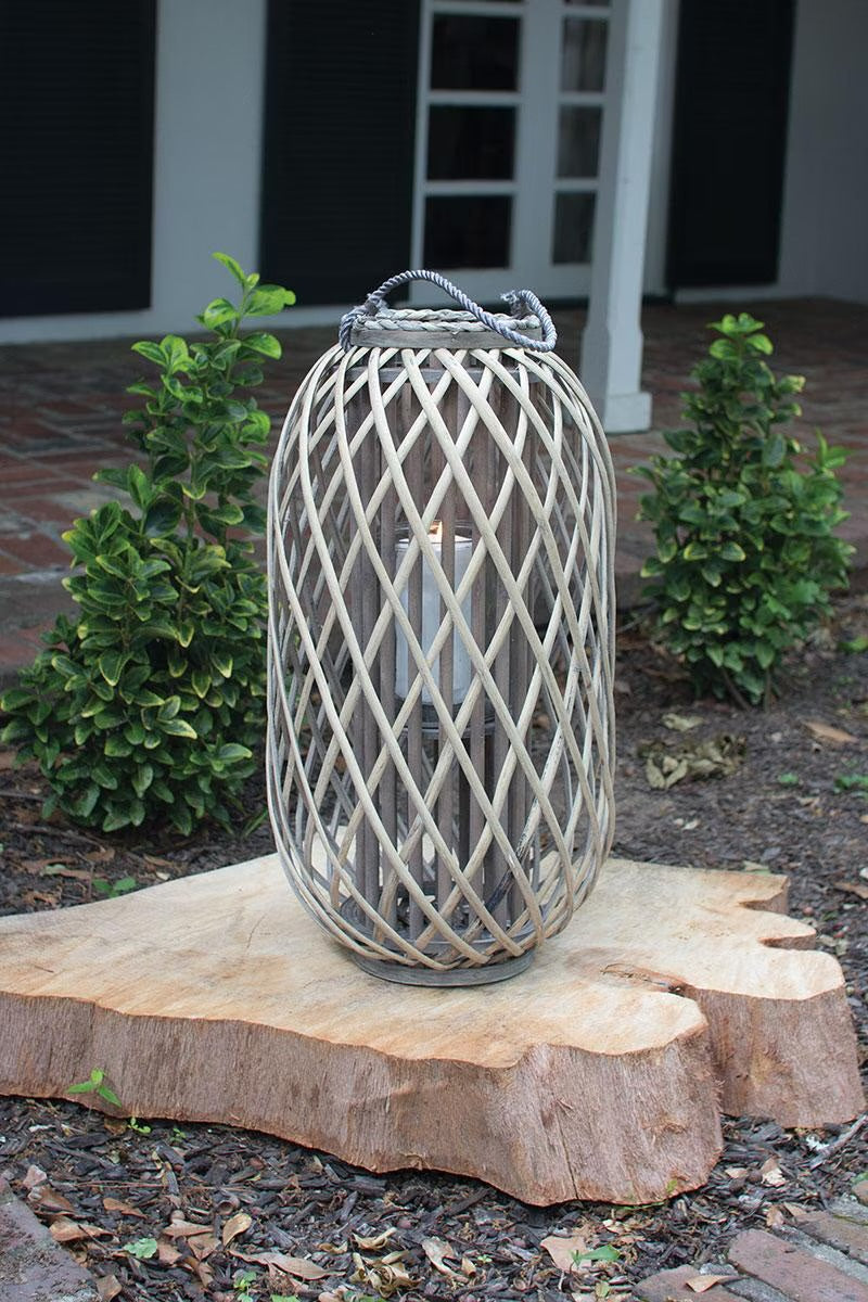 Grey Willow Lantern with Glass - Medium