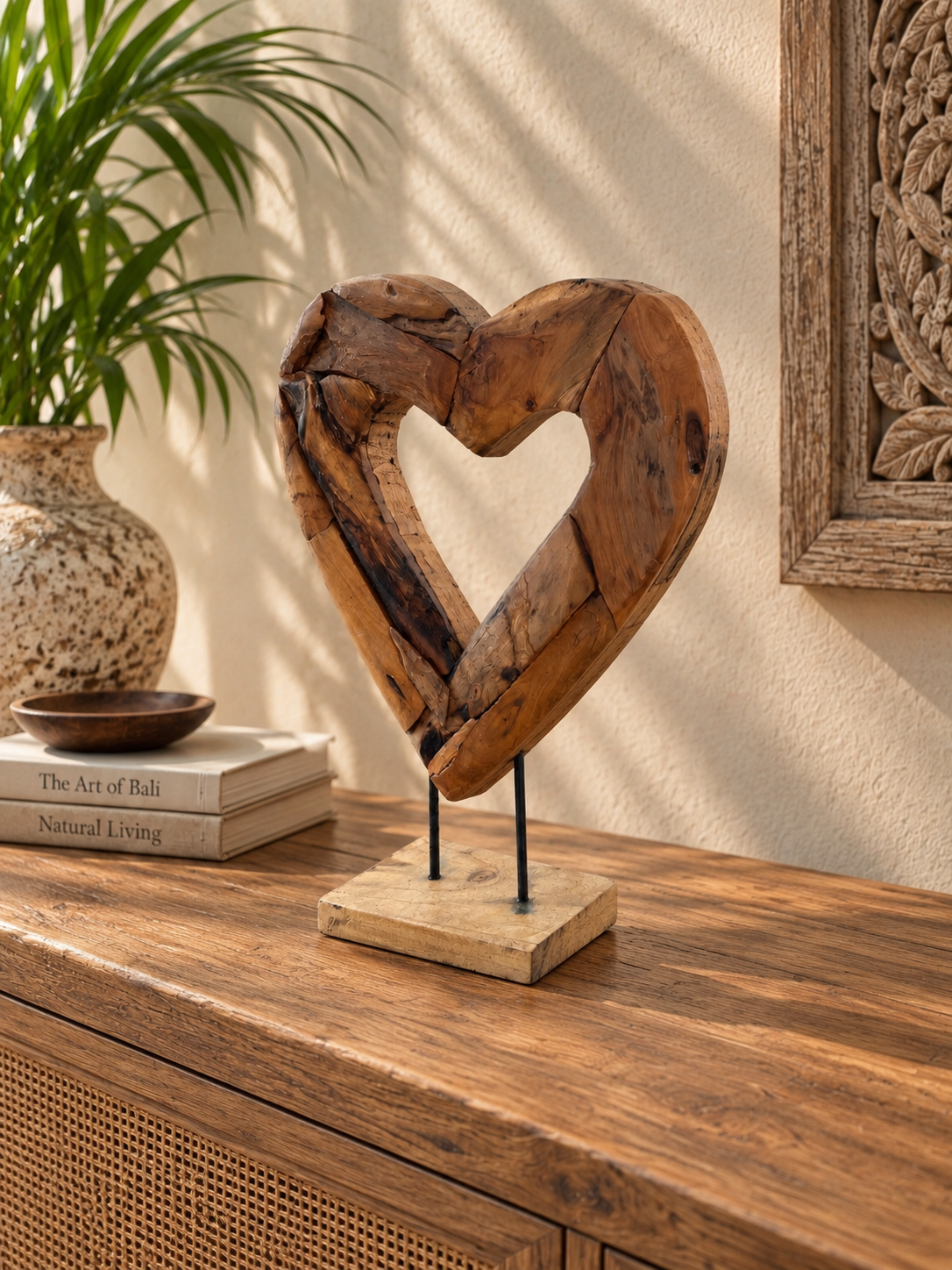 Handmade Bali Teak Heart Sculpture on Stand Small