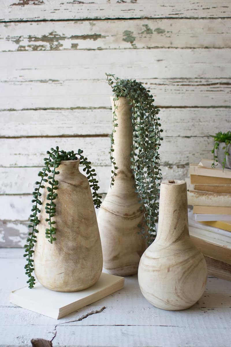 Set of Three Tall Turned Wooden Bottles