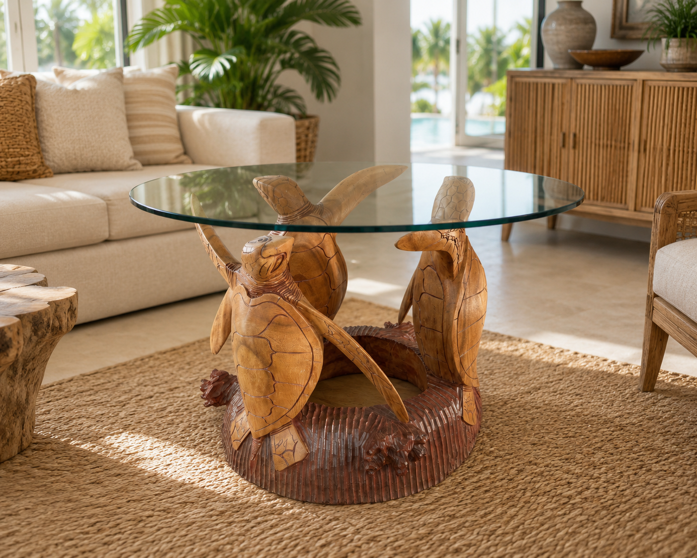Hand-Carved Suar Wood Sea Turtle Coffee Table Base – 20”H x 20” Round