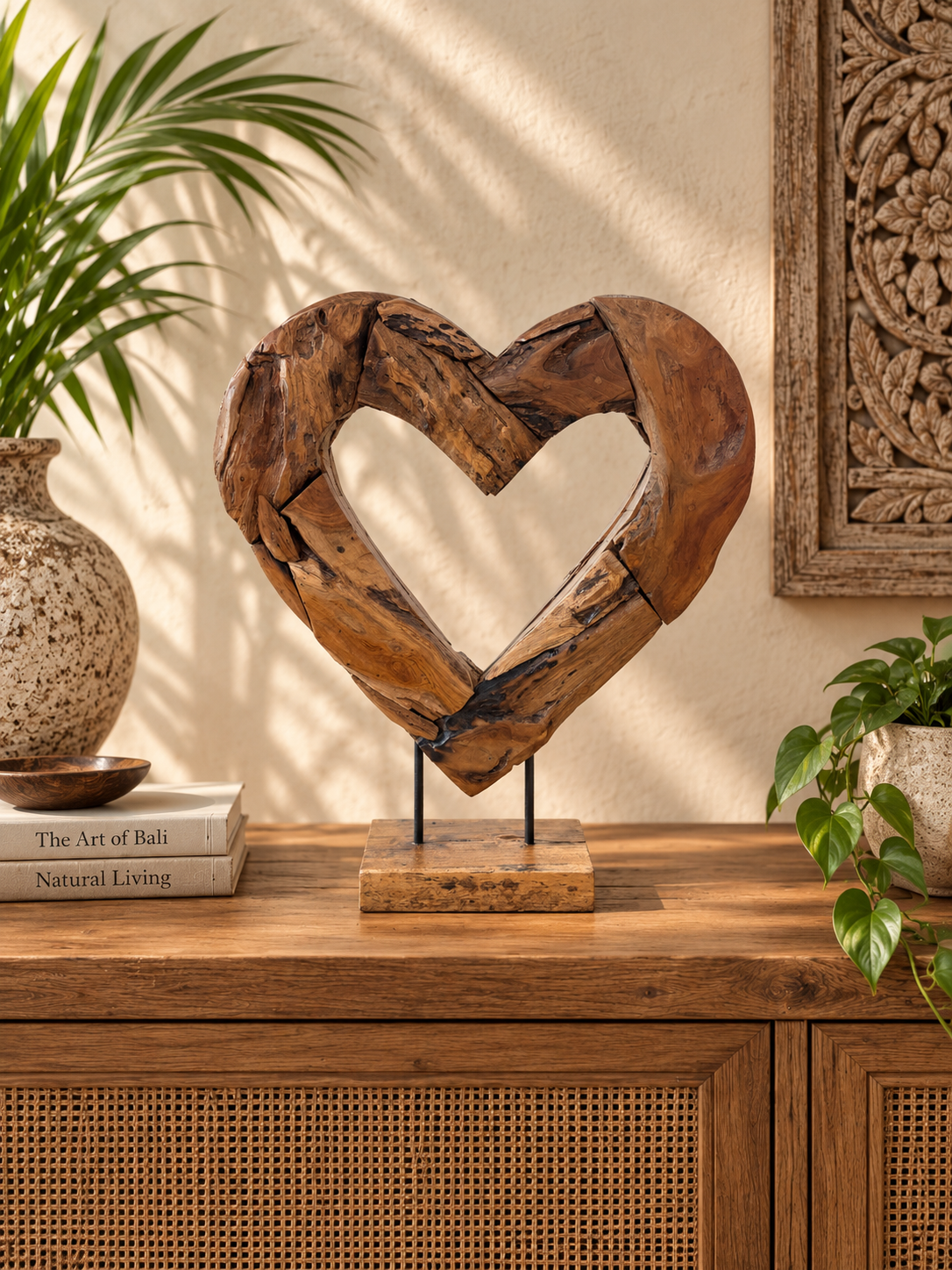 Handmade Bali Teak Heart Sculpture on Stand Medium