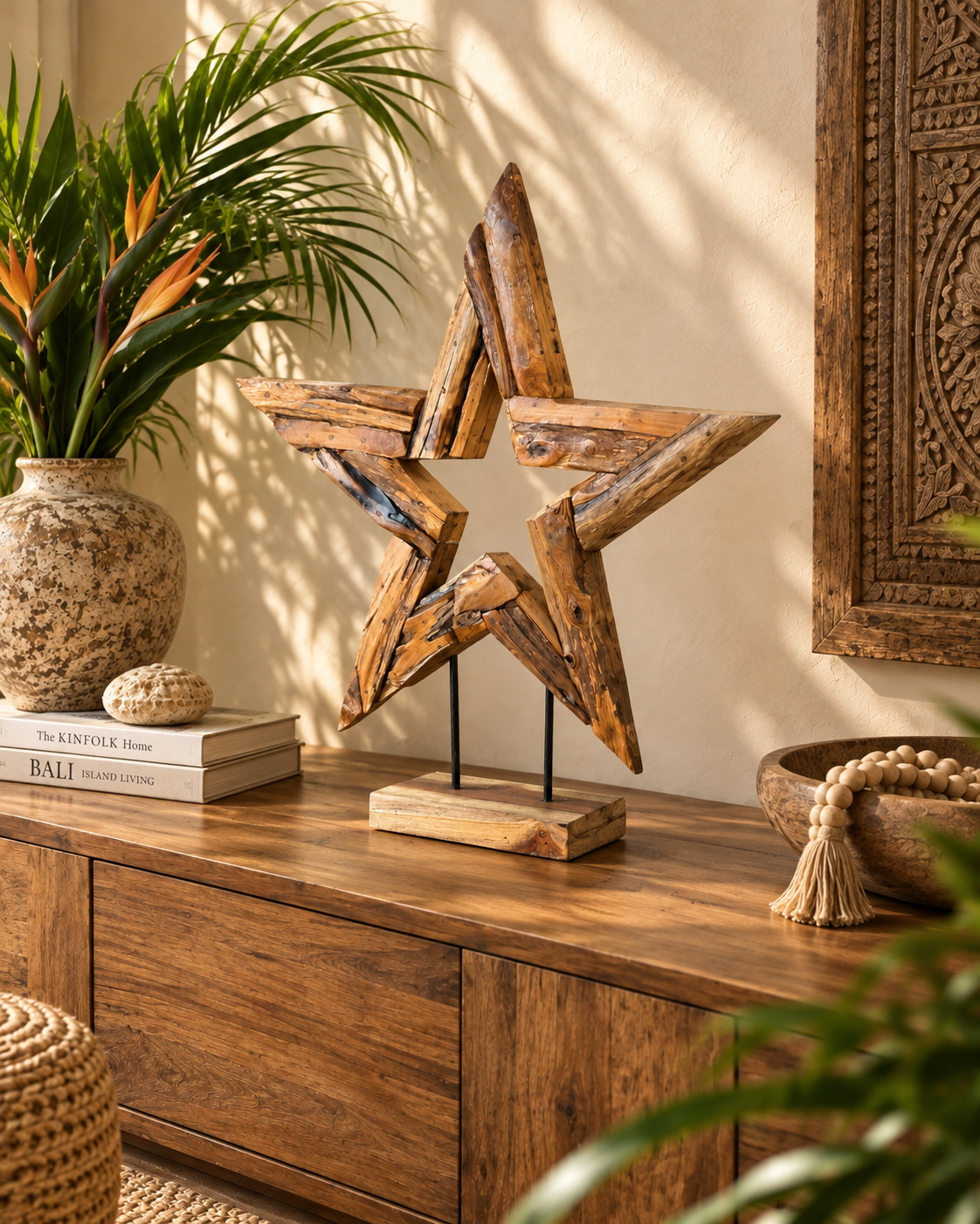 Hand-Carved Bali Teak Star Sculpture on Stand – Medium