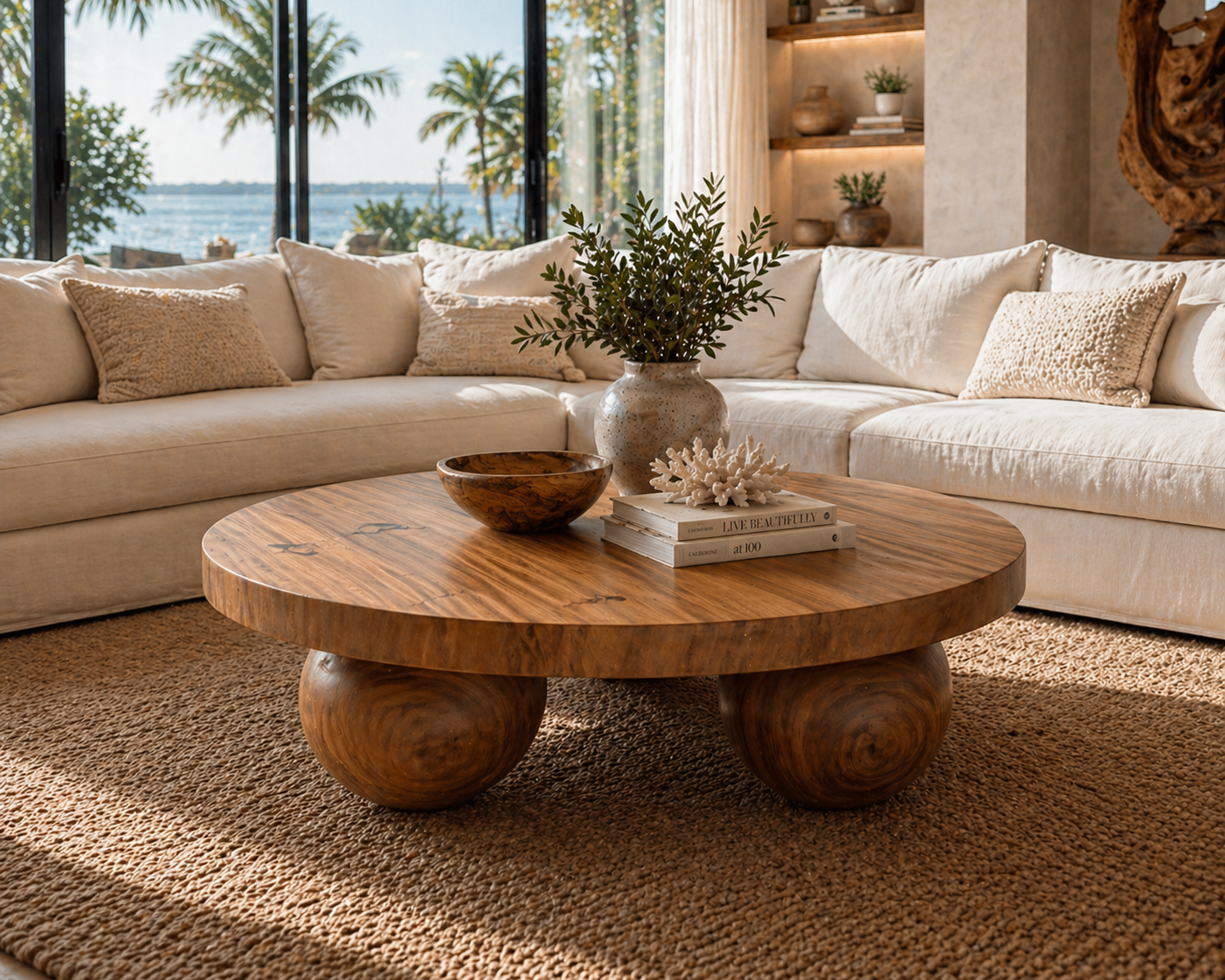 Round Suar Coffee Table With Ball Legs