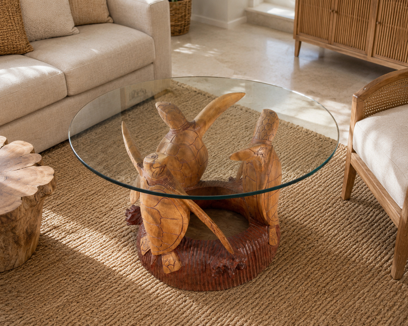 Hand-Carved Suar Wood Sea Turtle Coffee Table Base – 20”H x 20” Round