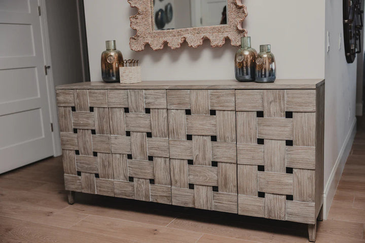 Wooden Weave 4-Door Credenza, Soft Close Doors Lineage