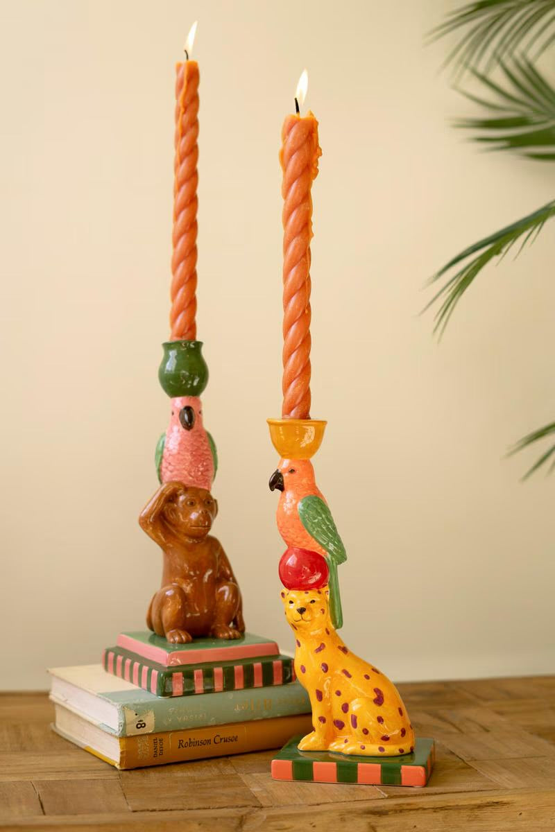 Set of Two Ceramic Cheetah and Monkey Taper Candle Holders