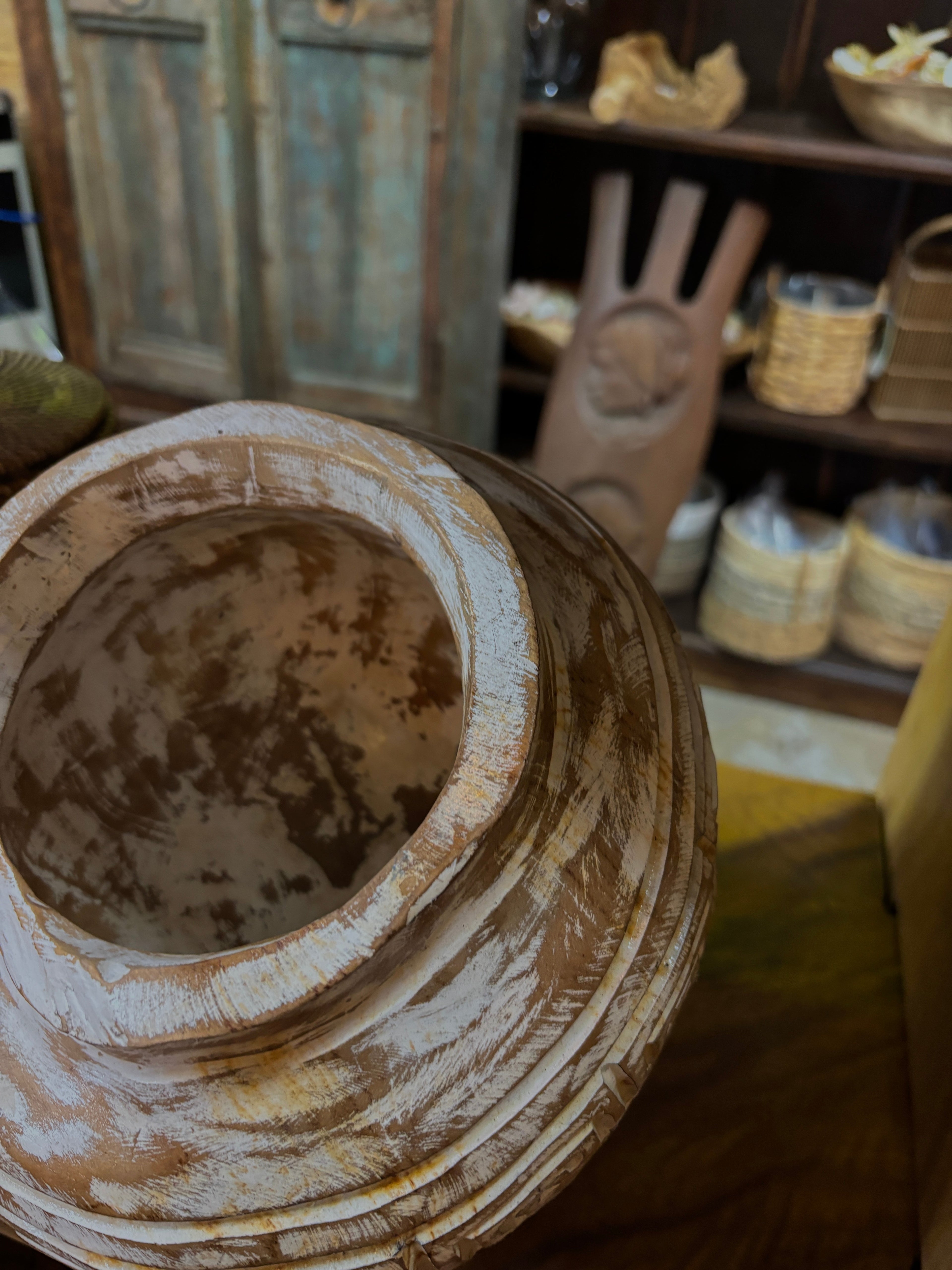 Carved Teak White Wash Pot Broward Design Center