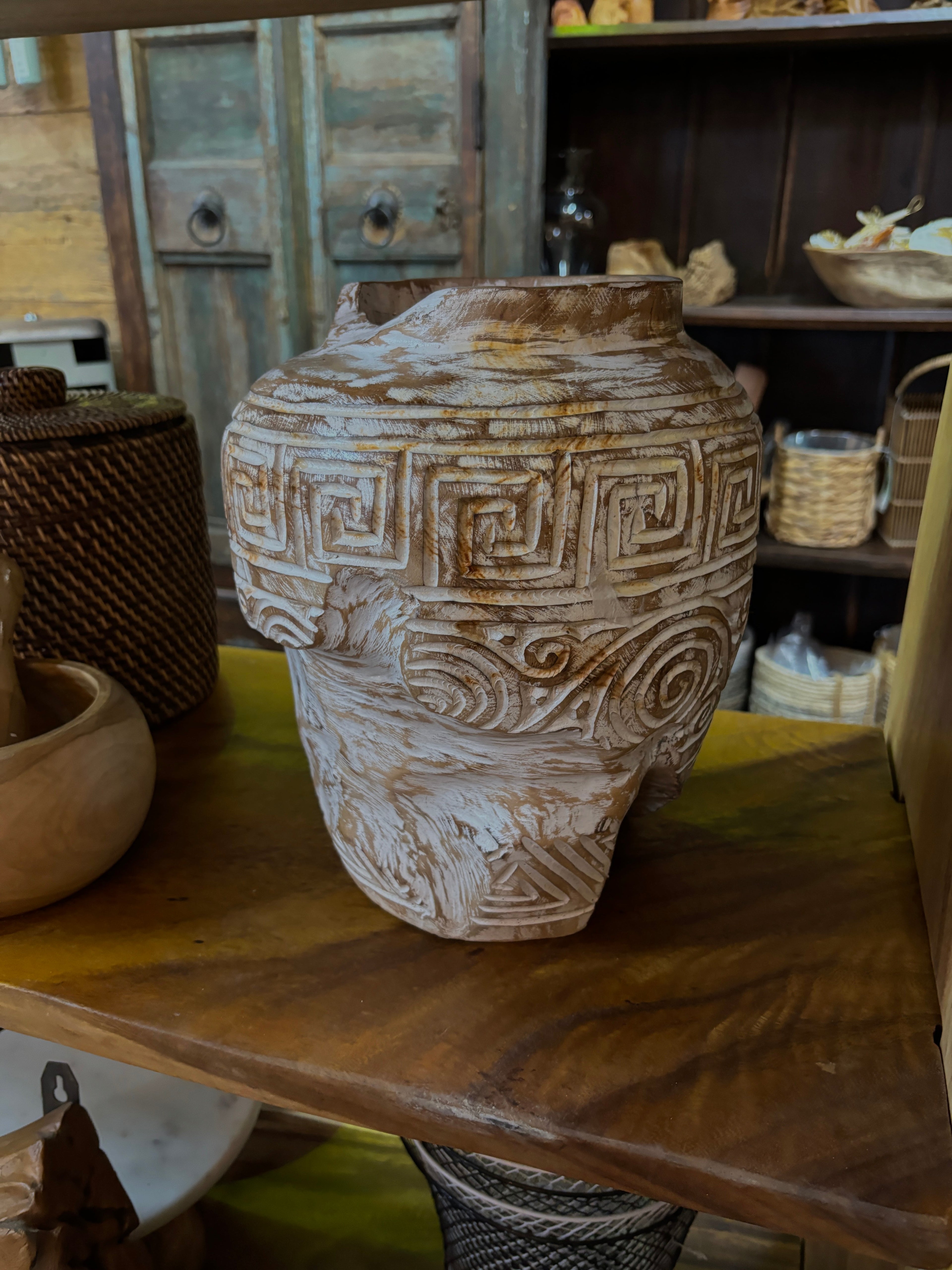 Carved Teak White Wash Pot Broward Design Center