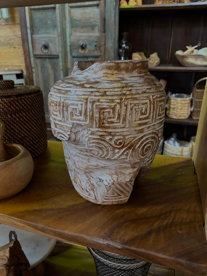 Carved Teak White Wash Pot Broward Design Center