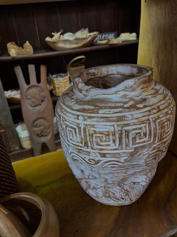 Carved Teak White Wash Pot Broward Design Center