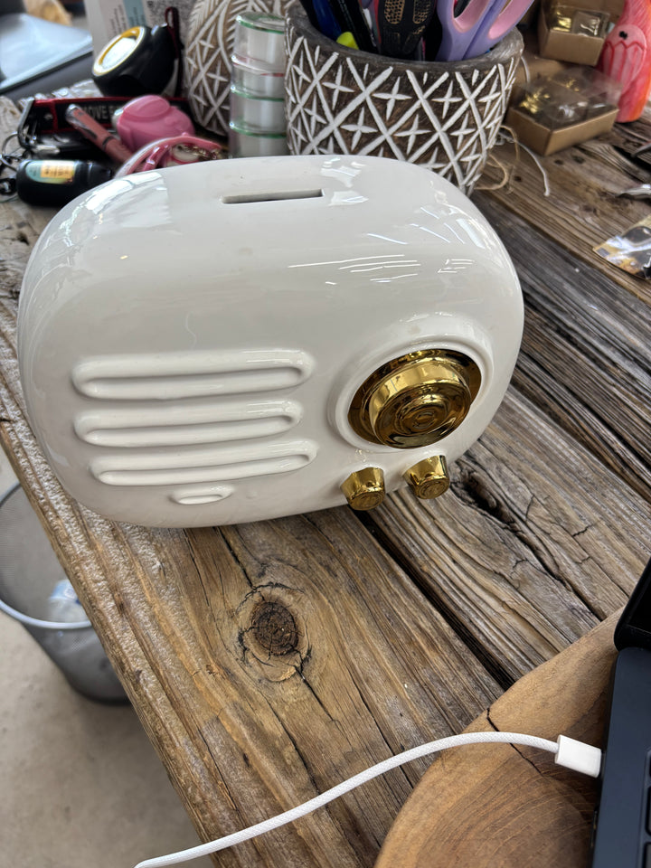Gold Ceramic Radio Piggy Bank UMA