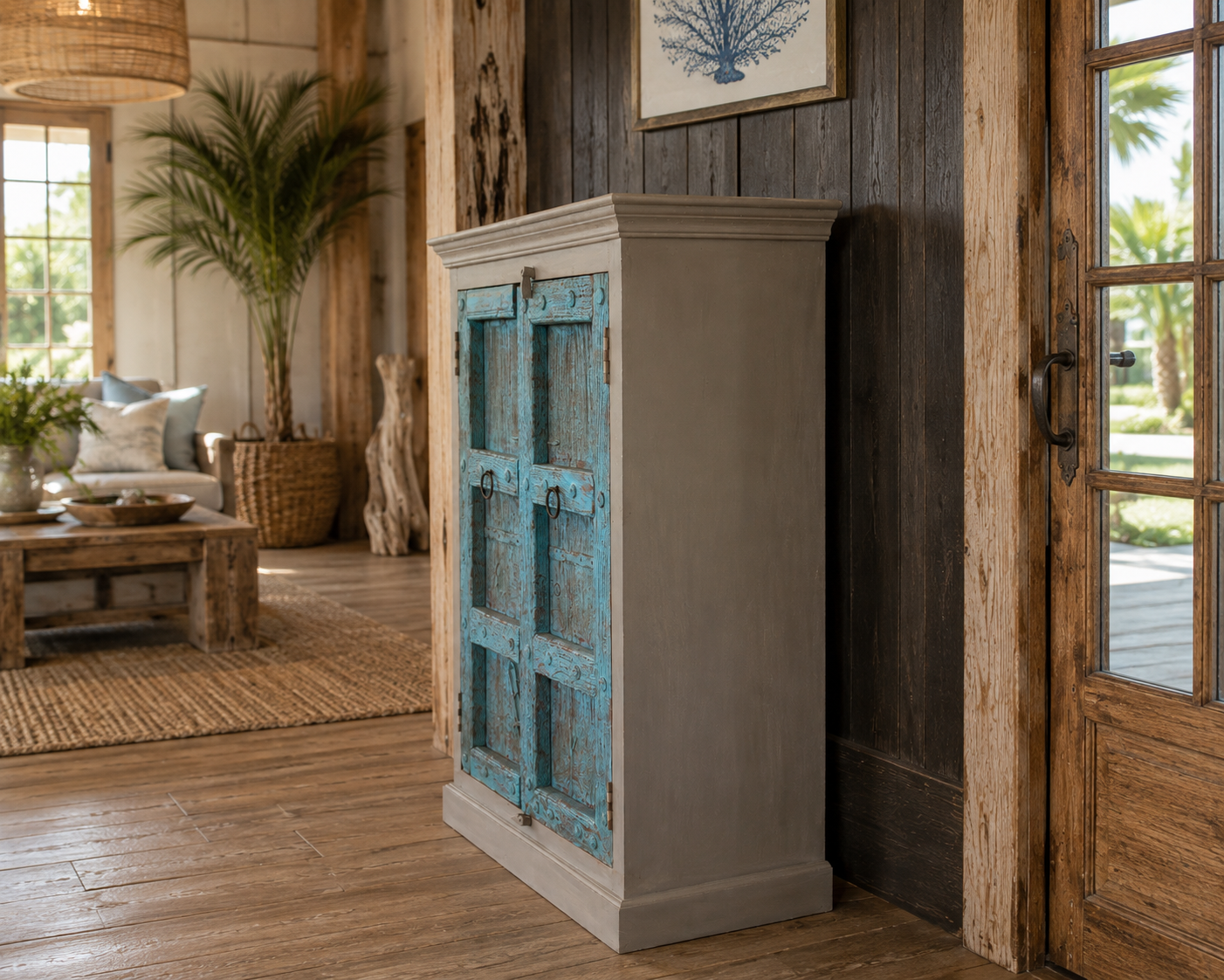Turquoise Reclaimed Door Storage Cabinet – 44” x 17” x 59”