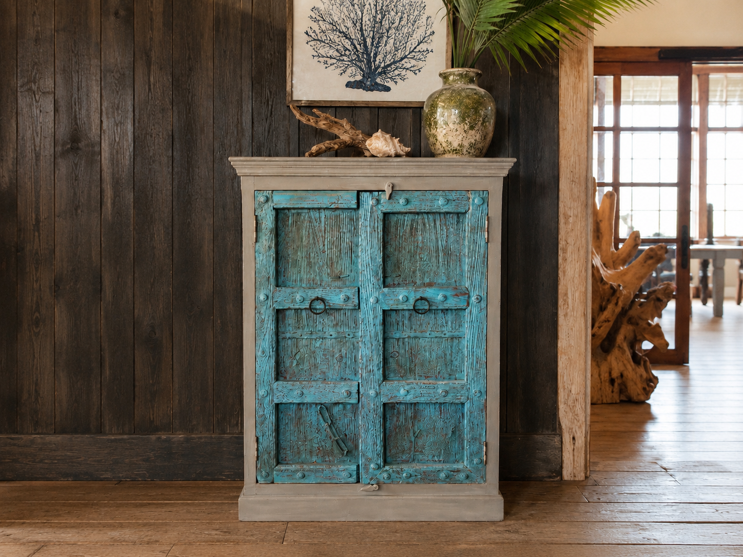 Turquoise Reclaimed Door Storage Cabinet – 44” x 17” x 59”