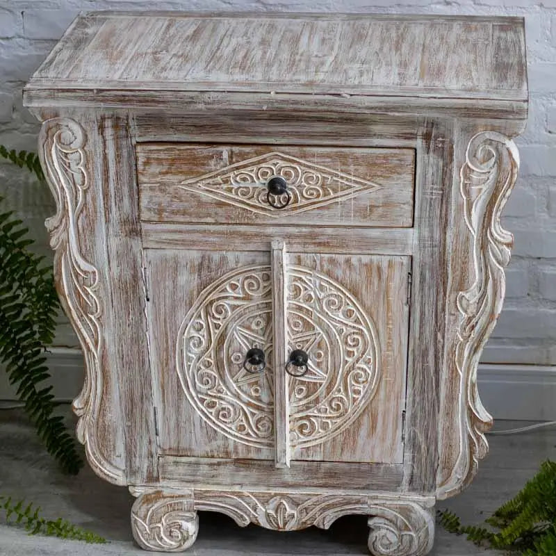 White Washed Carved Side Table Broward Design Center
