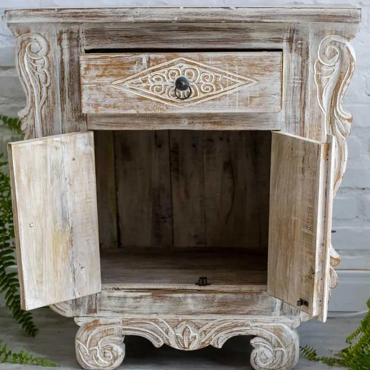 White Washed Carved Side Table Broward Design Center